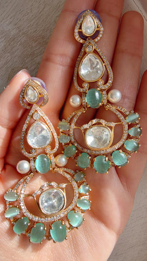 Moissanite kundan Mint Earrings / American Diamond chandbali Earrings/ Statement Leopard Danglers//Bridal Chandelier Earrings/Pia
