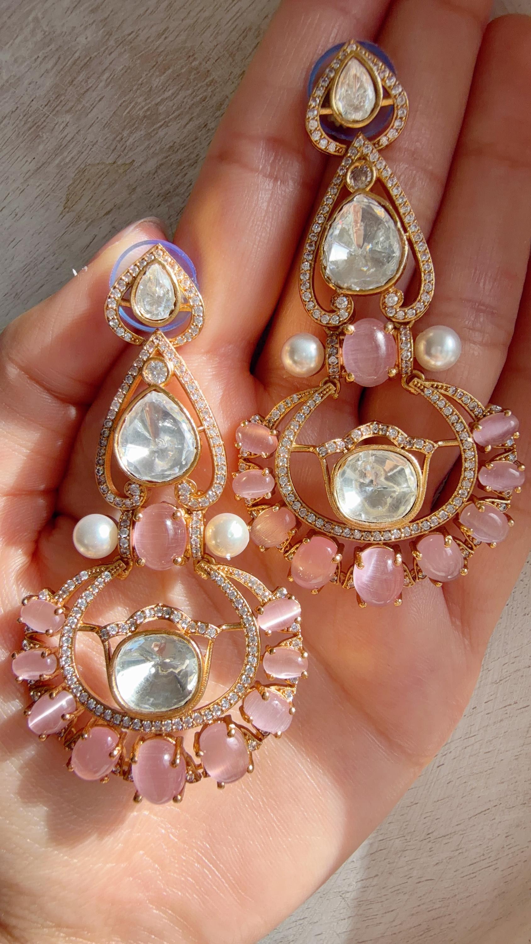 Moissanite kundan Baby Pink Earrings / American Diamond chandbali Earrings/ Statement Leopard Danglers//Bridal Chandelier Earrings/Pia