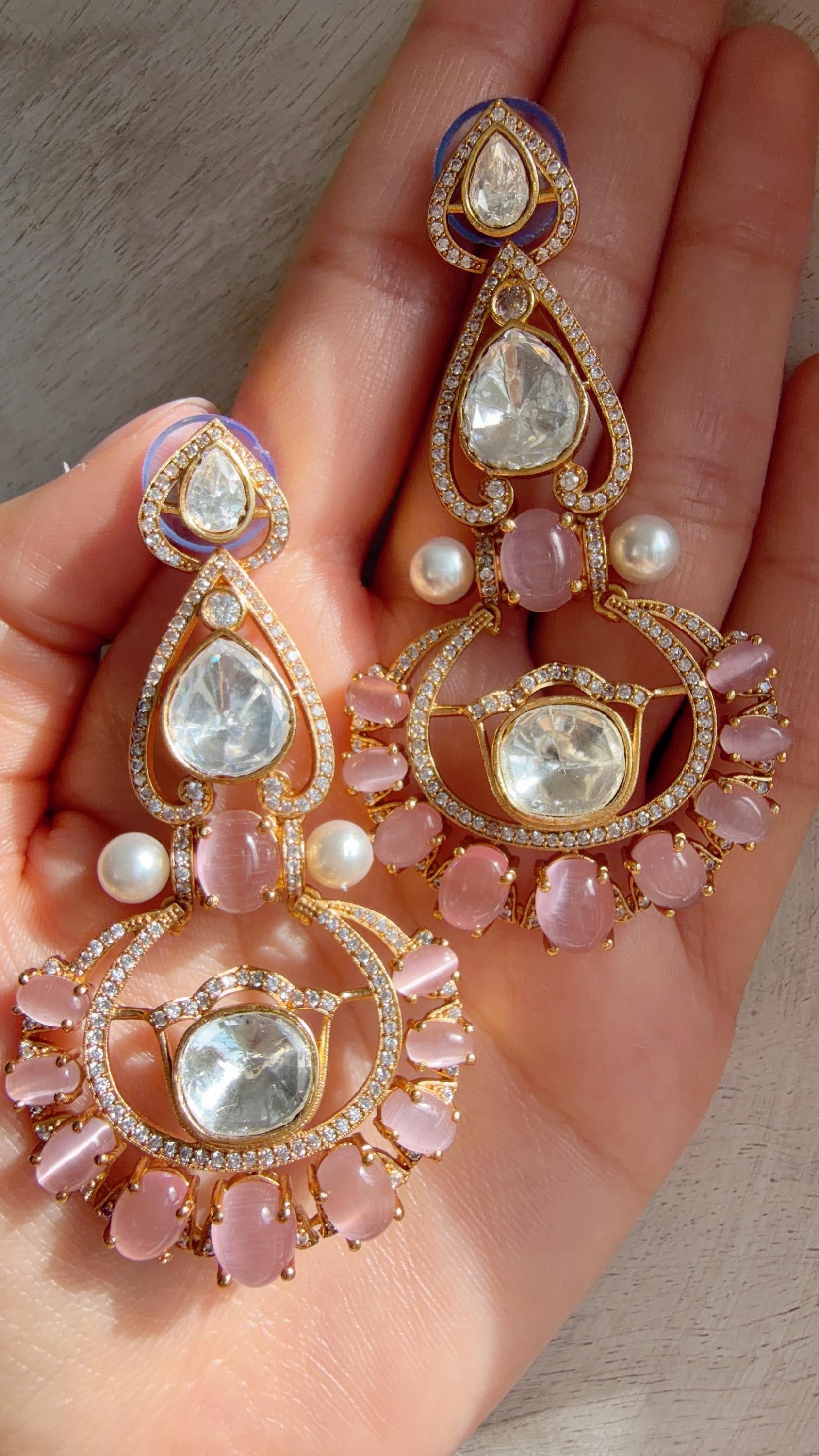 Moissanite kundan Baby Pink Earrings / American Diamond chandbali Earrings/ Statement Leopard Danglers//Bridal Chandelier Earrings/Pia
