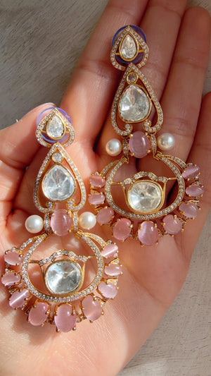 Moissanite kundan Baby Pink Earrings / American Diamond chandbali Earrings/ Statement Leopard Danglers//Bridal Chandelier Earrings/Pia