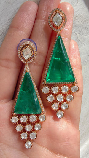 Geometric Pyramid Diamond Green Earrings /American Diamond chandbali Earrings/Statement Danglers/Bridal Chandelier Earrings/