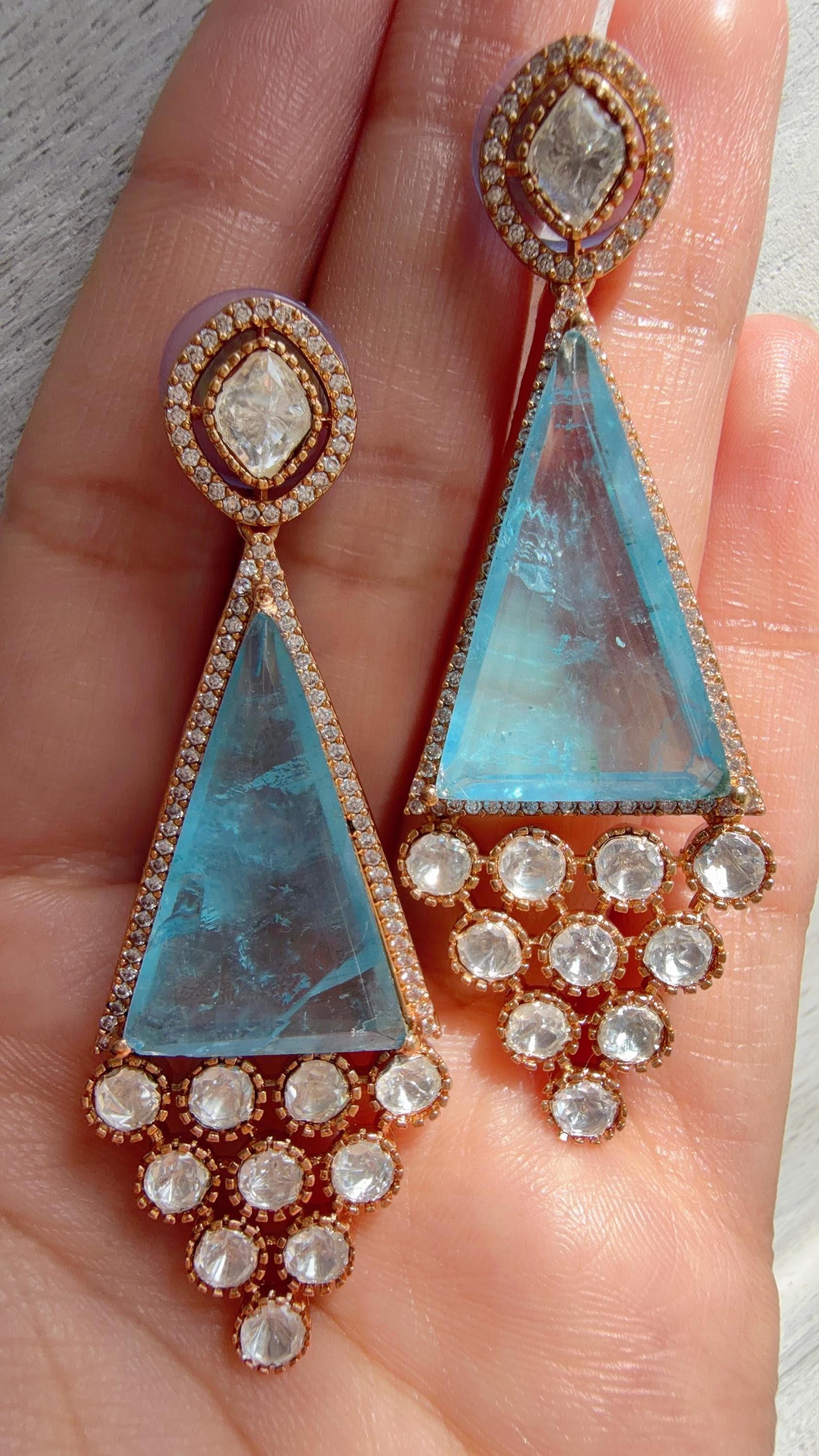 Geometric Pyramid Diamond Firoza Earrings /American Diamond chandbali Earrings/Statement Danglers/Bridal Chandelier Earrings/