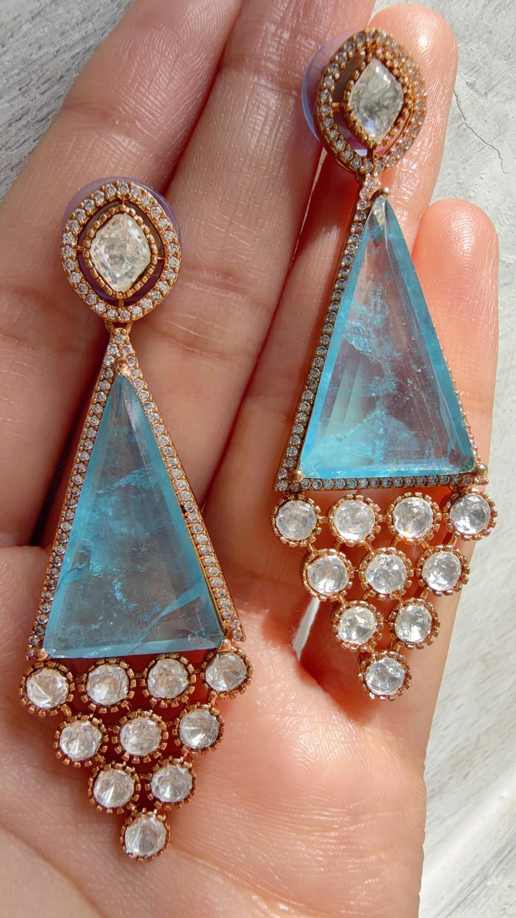 Geometric Pyramid Diamond Firoza Earrings /American Diamond chandbali Earrings/Statement Danglers/Bridal Chandelier Earrings/