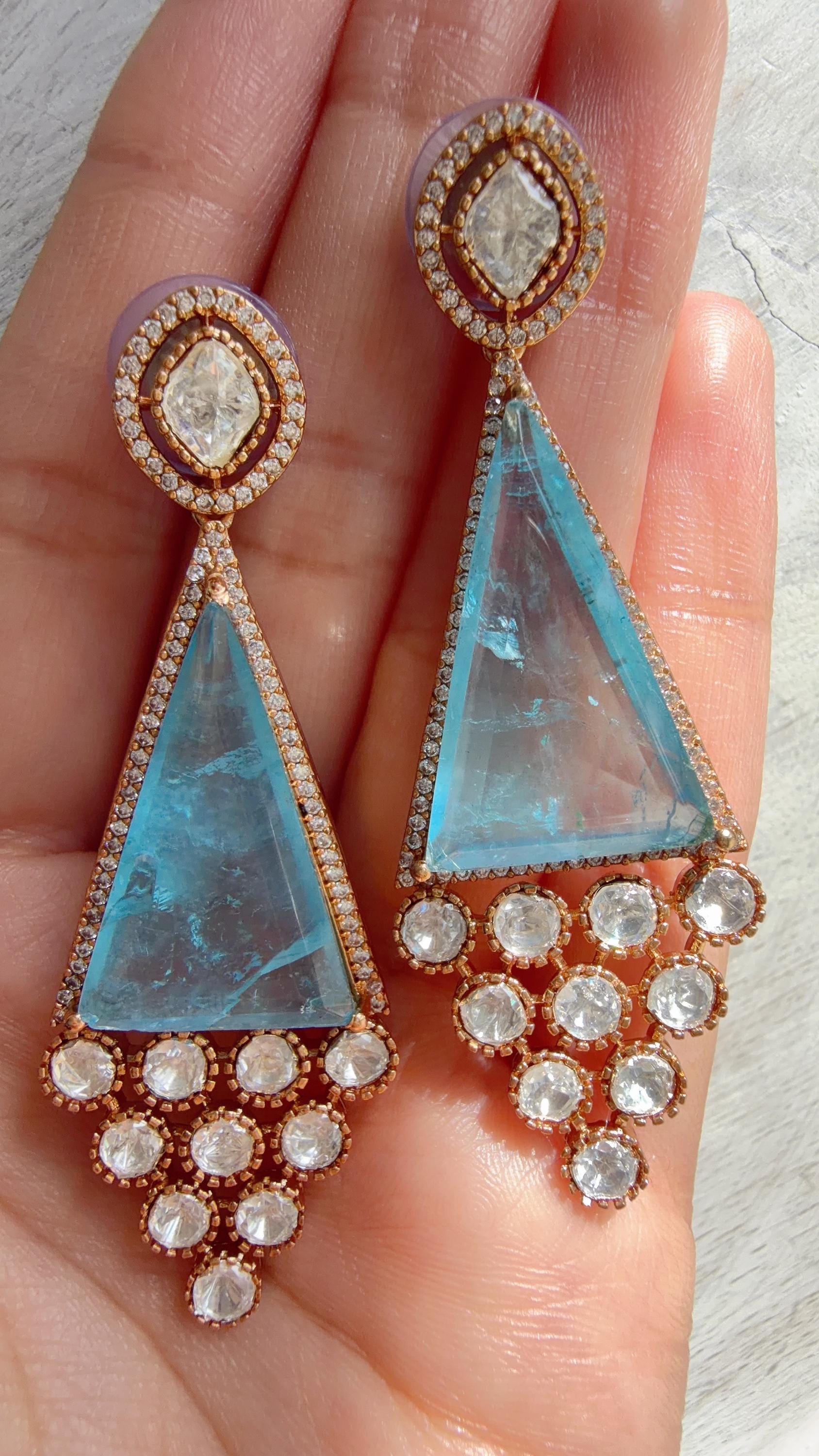 Geometric Pyramid Diamond Firoza Earrings /American Diamond chandbali Earrings/Statement Danglers/Bridal Chandelier Earrings/