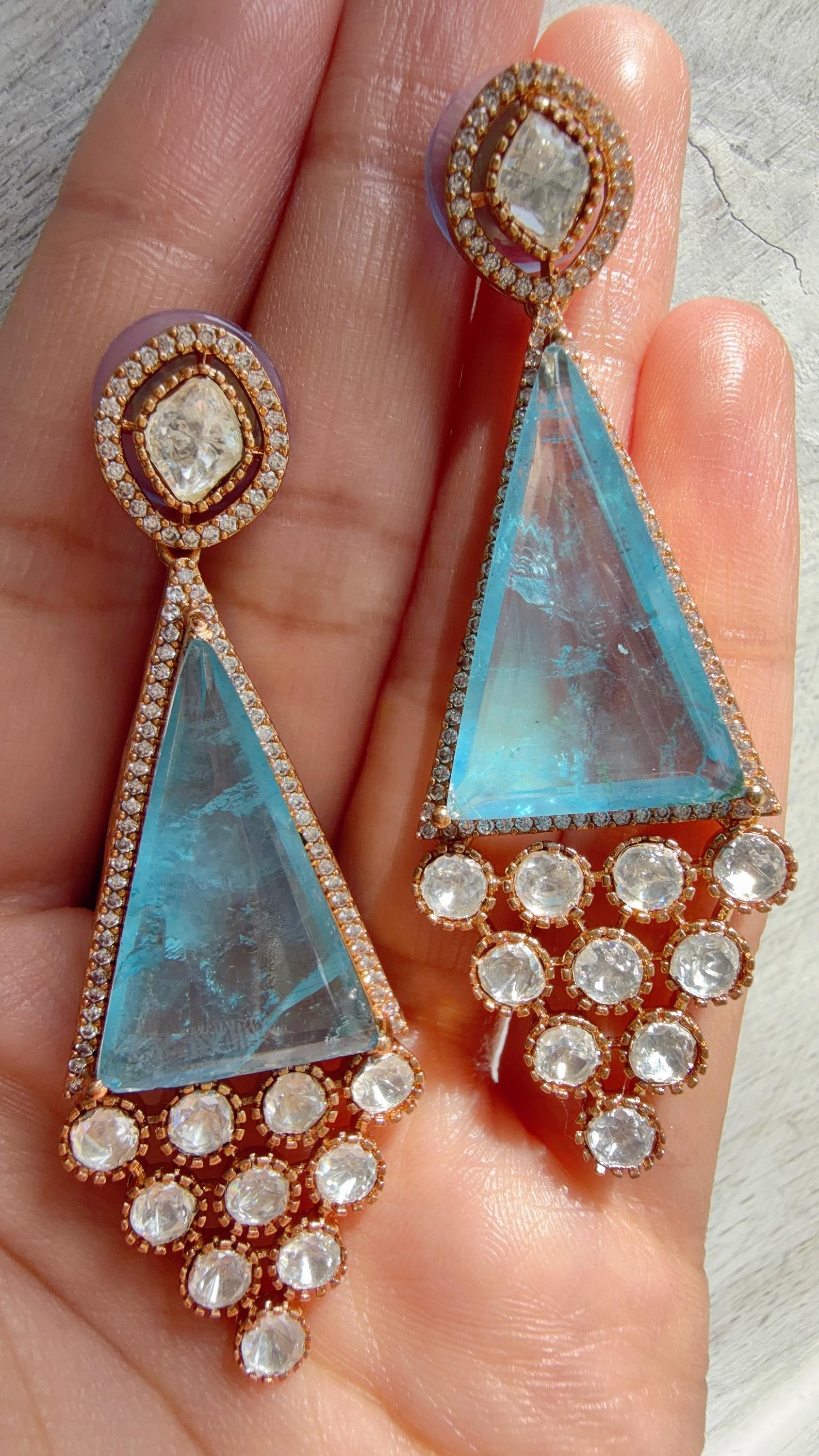 Geometric Pyramid Diamond Firoza Earrings /American Diamond chandbali Earrings/Statement Danglers/Bridal Chandelier Earrings/