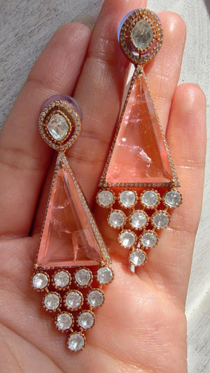 Geometric Pyramid Diamond Baby Pink Earrings /American Diamond chandbali Earrings/Statement Danglers/Bridal Chandelier Earrings/