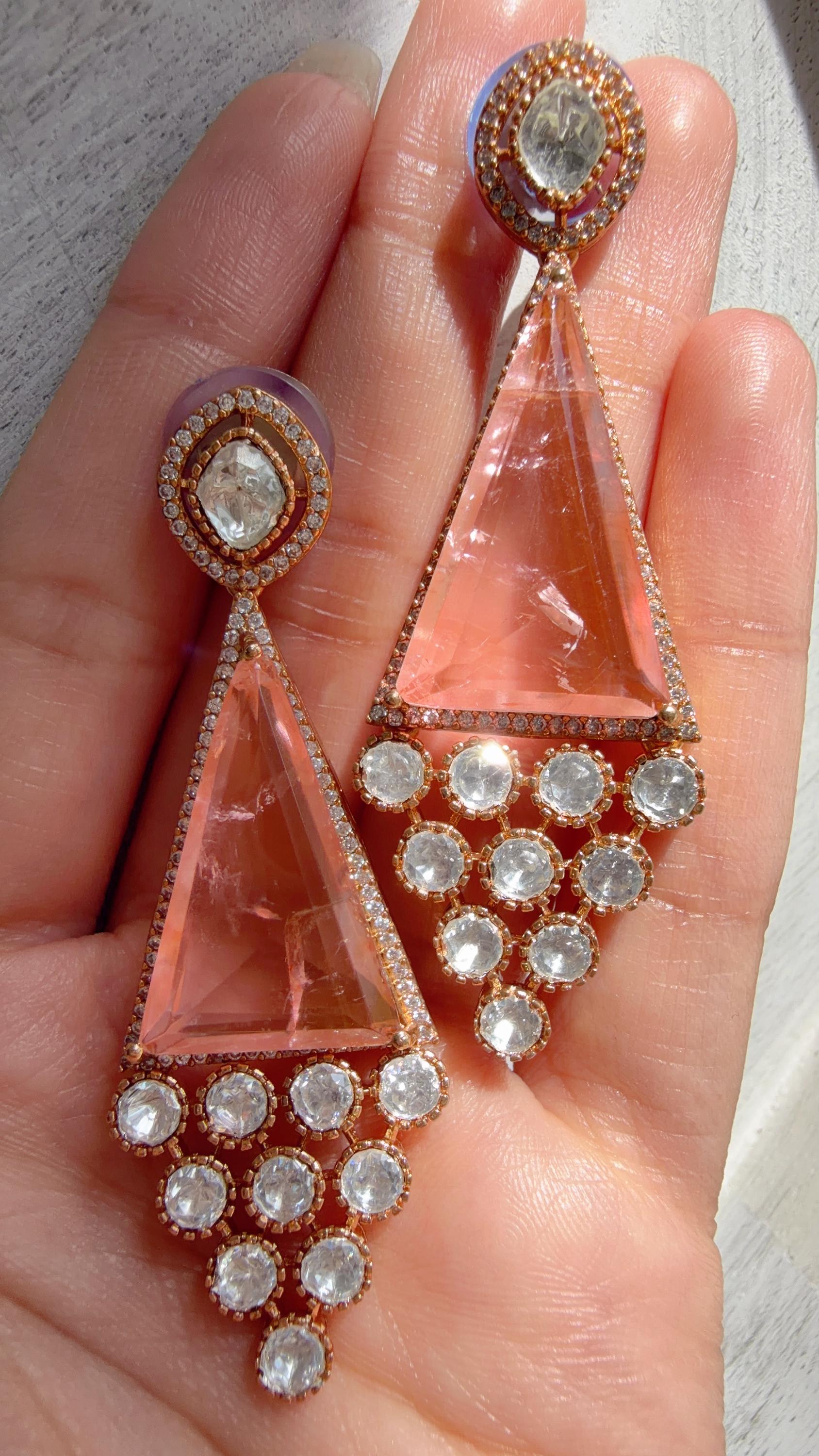 Geometric Pyramid Diamond Baby Pink Earrings /American Diamond chandbali Earrings/Statement Danglers/Bridal Chandelier Earrings/