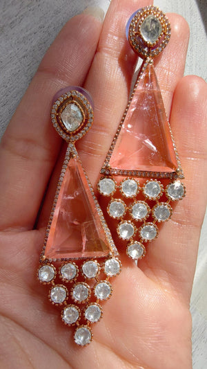 Geometric Pyramid Diamond Baby Pink Earrings /American Diamond chandbali Earrings/Statement Danglers/Bridal Chandelier Earrings/