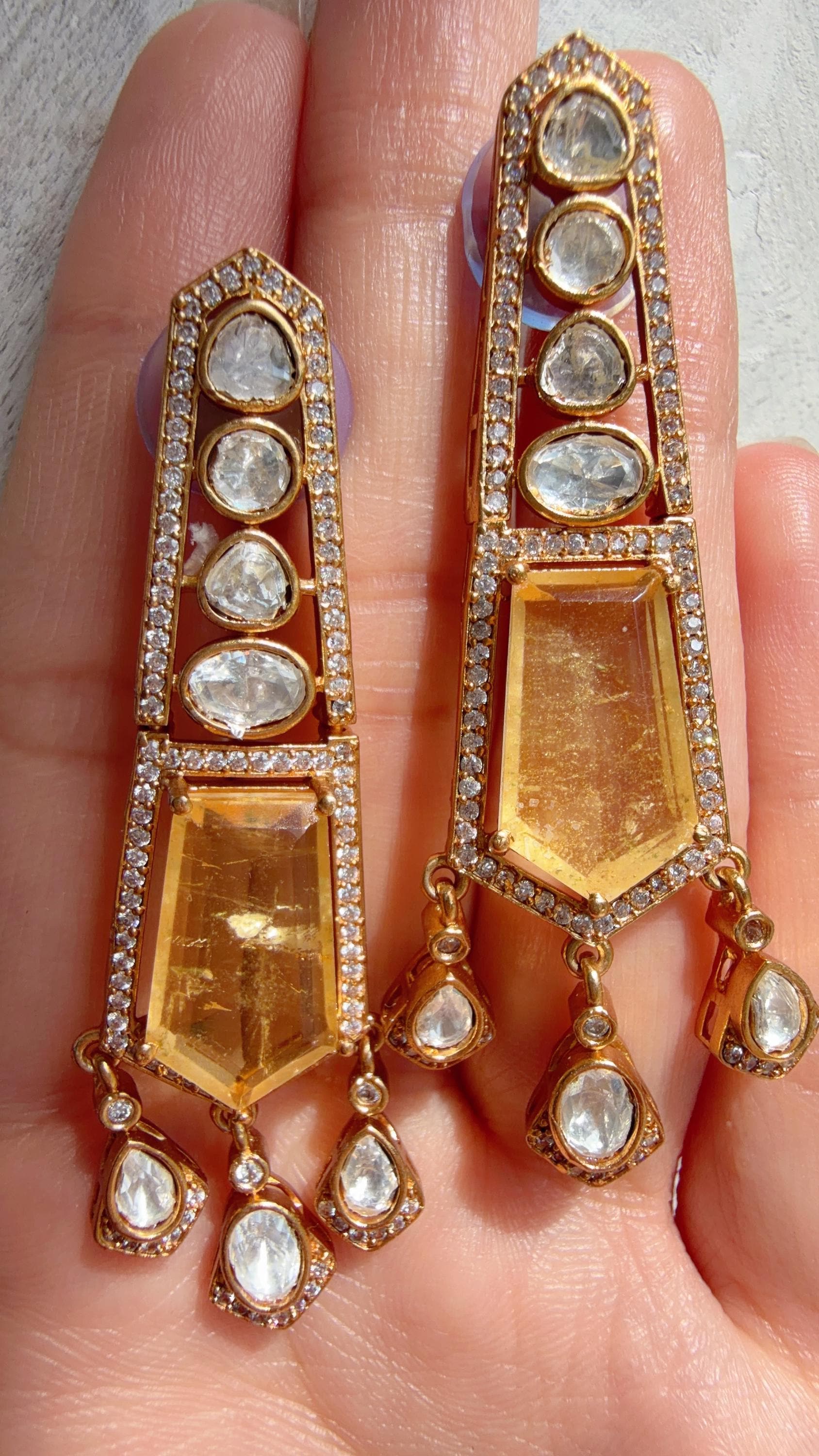Moissanite Kundan Dangler Yellow Earrings /American Diamond Doublet Earrings/Statement Danglers/Bridal Chandelier Earrings/Navi