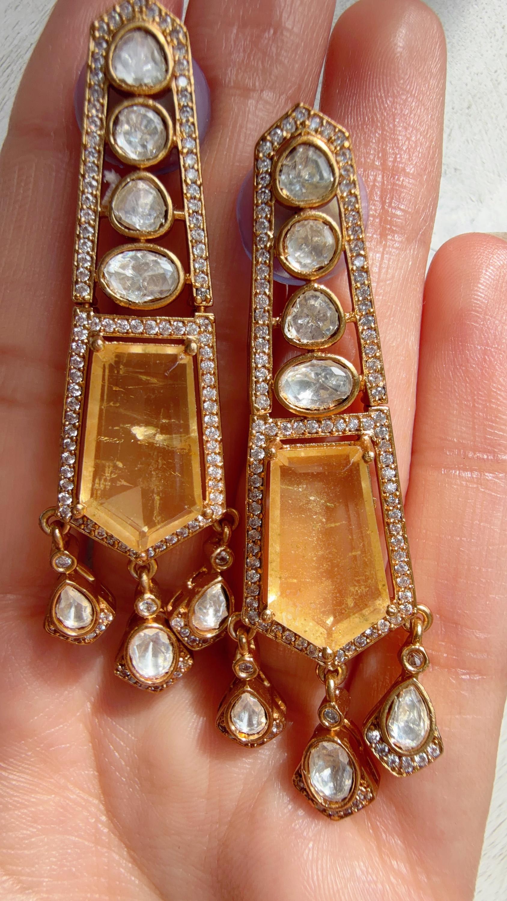 Moissanite Kundan Dangler Yellow Earrings /American Diamond Doublet Earrings/Statement Danglers/Bridal Chandelier Earrings/Navi