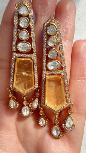 Moissanite Kundan Dangler Yellow Earrings /American Diamond Doublet Earrings/Statement Danglers/Bridal Chandelier Earrings/Navi