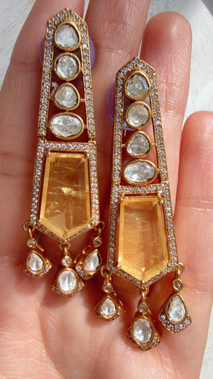 Moissanite Kundan Dangler Yellow Earrings /American Diamond Doublet Earrings/Statement Danglers/Bridal Chandelier Earrings/Navi