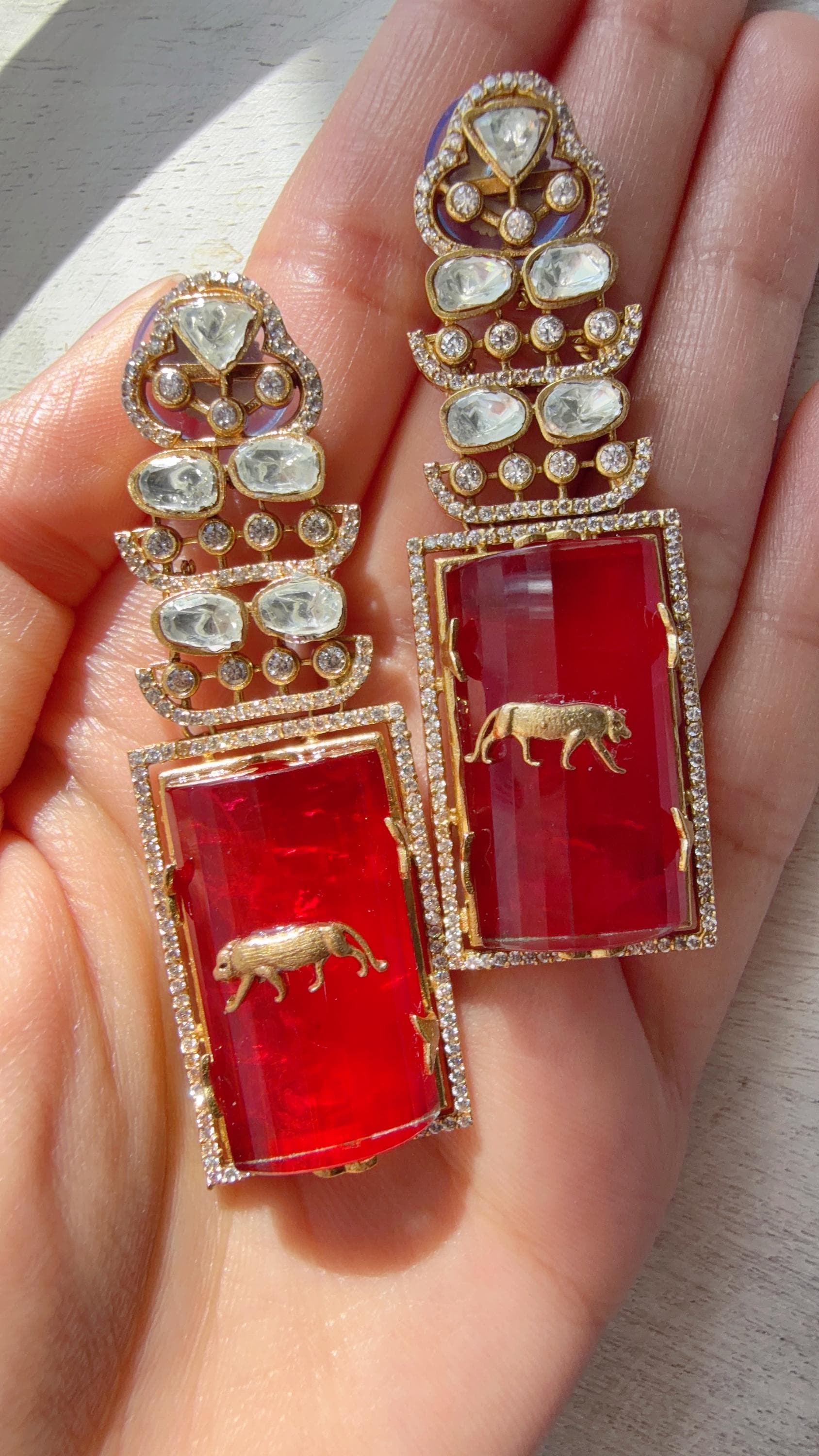 Moissanite Kundan Dangler Ruby Earrings /American Diamond Doublet Leopard Earrings/Statement Danglers/Bridal Chandelier Earrings/Tanvi