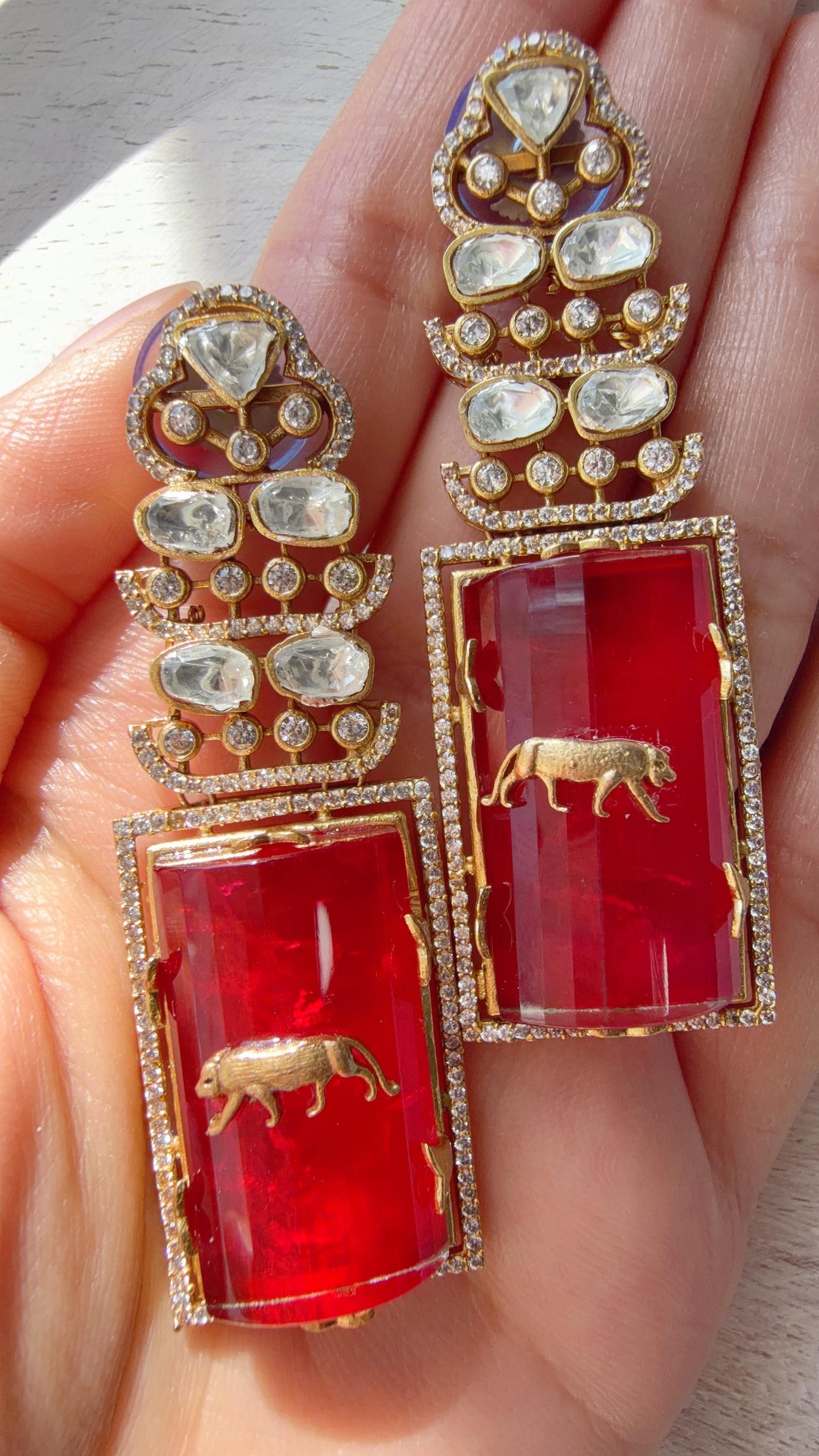 Moissanite Kundan Dangler Ruby Earrings /American Diamond Doublet Leopard Earrings/Statement Danglers/Bridal Chandelier Earrings/Tanvi
