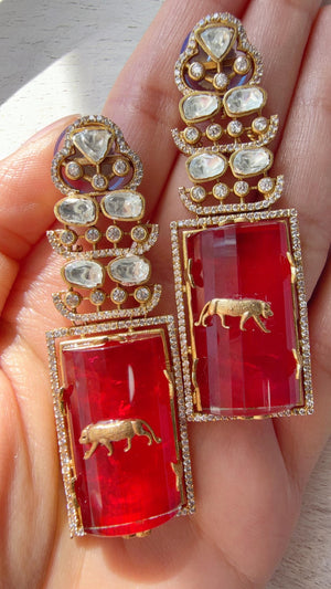 Moissanite Kundan Dangler Ruby Earrings /American Diamond Doublet Leopard Earrings/Statement Danglers/Bridal Chandelier Earrings/Tanvi