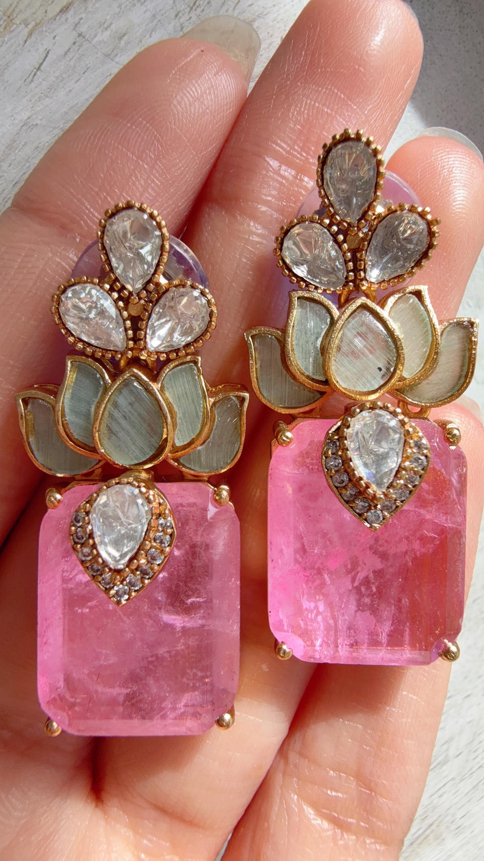 Lotus Diamond Doublet Dangler Pink Earrings/American Diamond Earrings/Statement Danglers/Bridal Chandelier Earrings/Aish