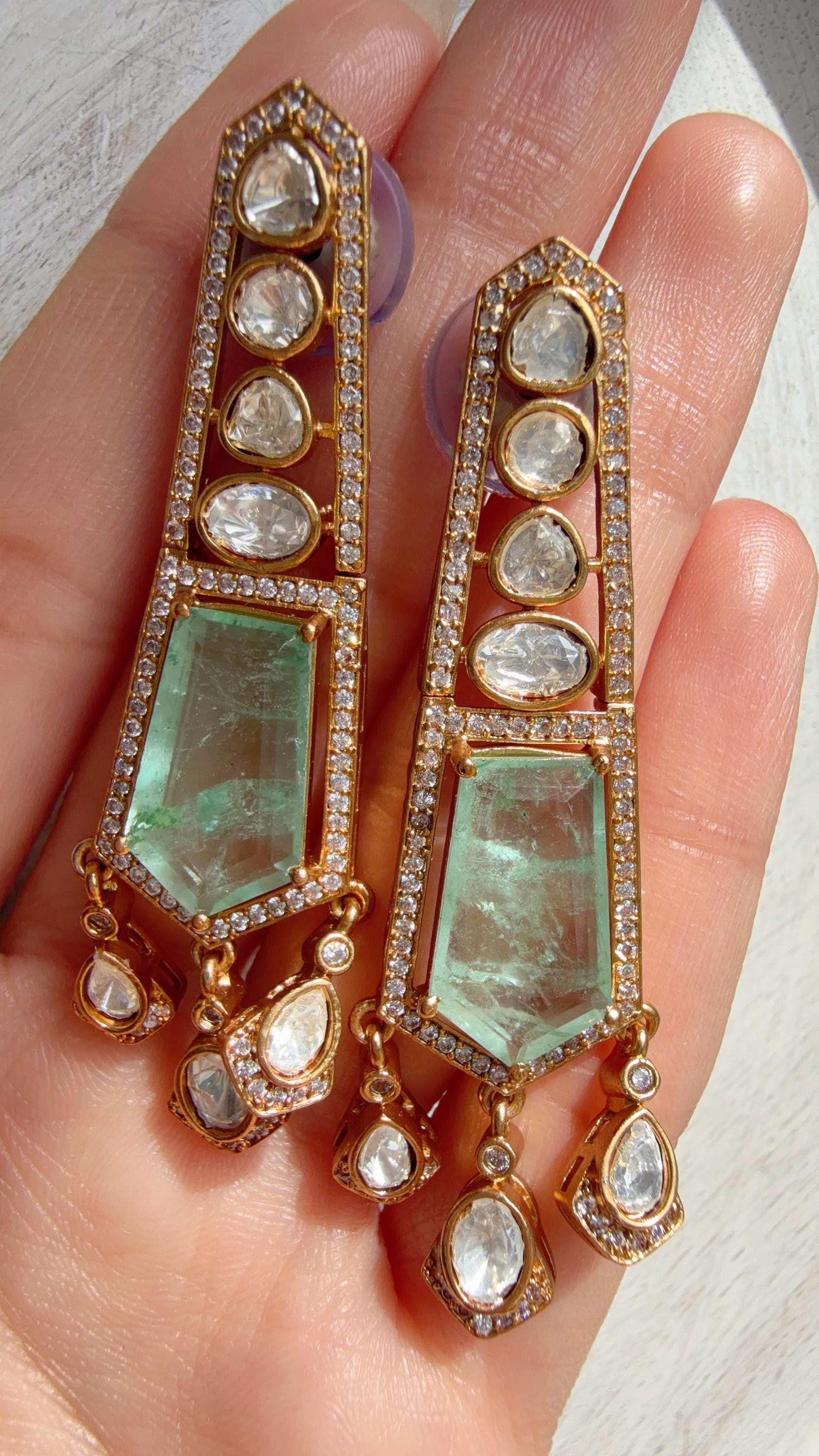 Moissanite Kundan Dangler Mint Earrings /American Diamond Doublet Earrings/Statement Danglers/Bridal Chandelier Earrings/Navi
