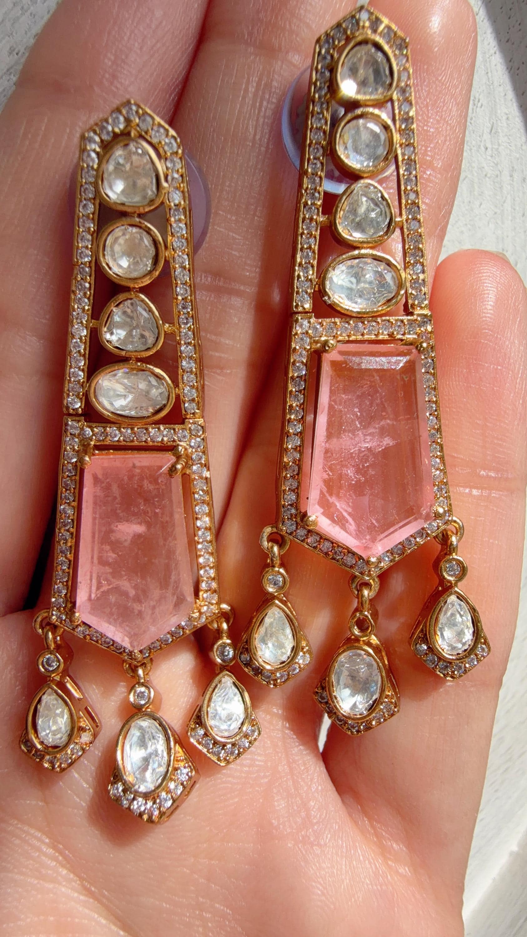 Moissanite Kundan Dangler Baby Pink Earrings /American Diamond Doublet Earrings/Statement Danglers/Bridal Chandelier Earrings/Navi