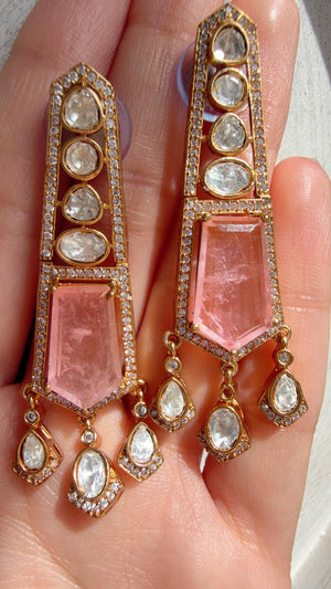 Moissanite Kundan Dangler Baby Pink Earrings /American Diamond Doublet Earrings/Statement Danglers/Bridal Chandelier Earrings/Navi