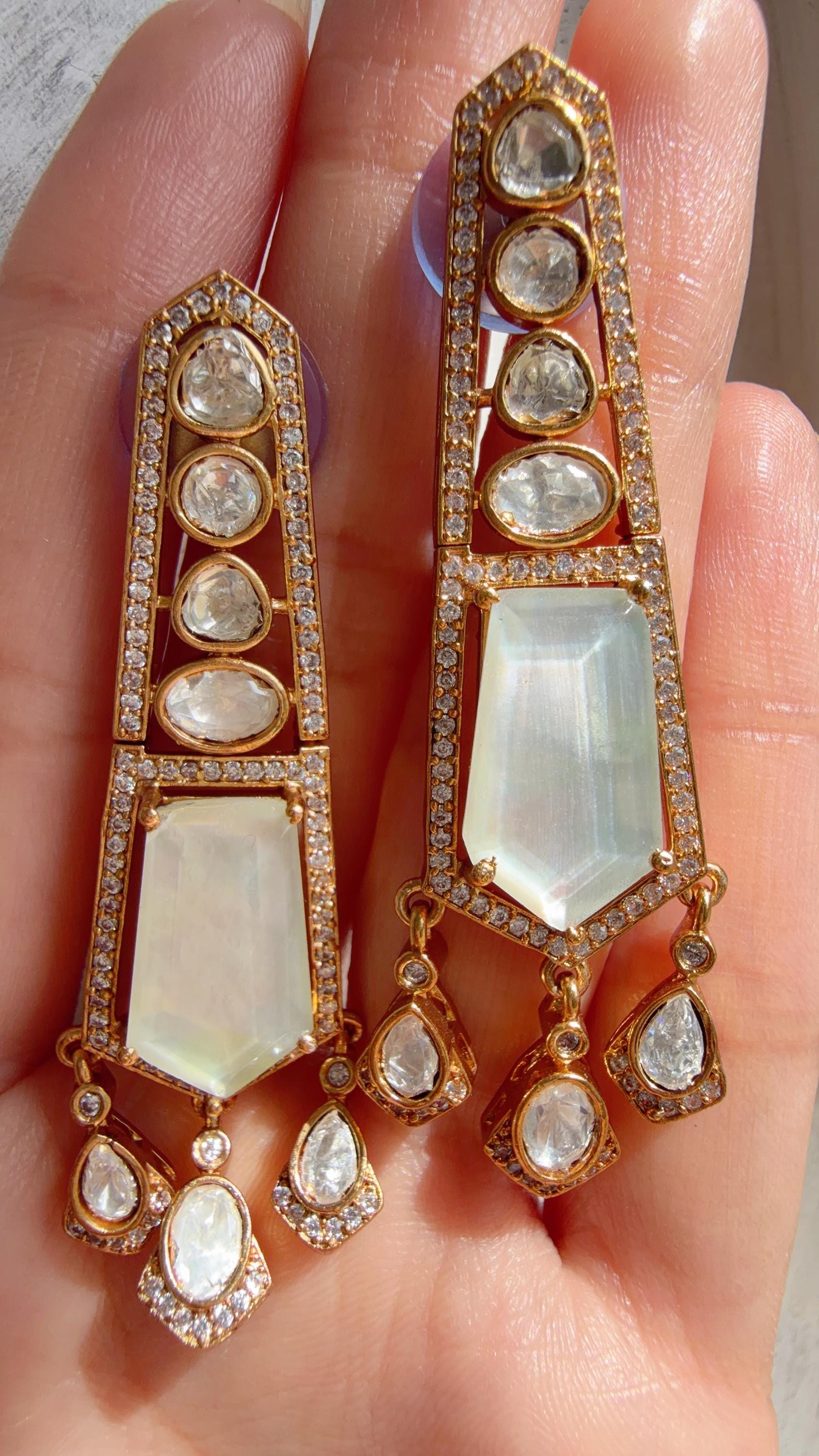 Moissanite Kundan Dangler Earrings /American Diamond Doublet Earrings/Statement Danglers/Bridal Chandelier Earrings/Navi