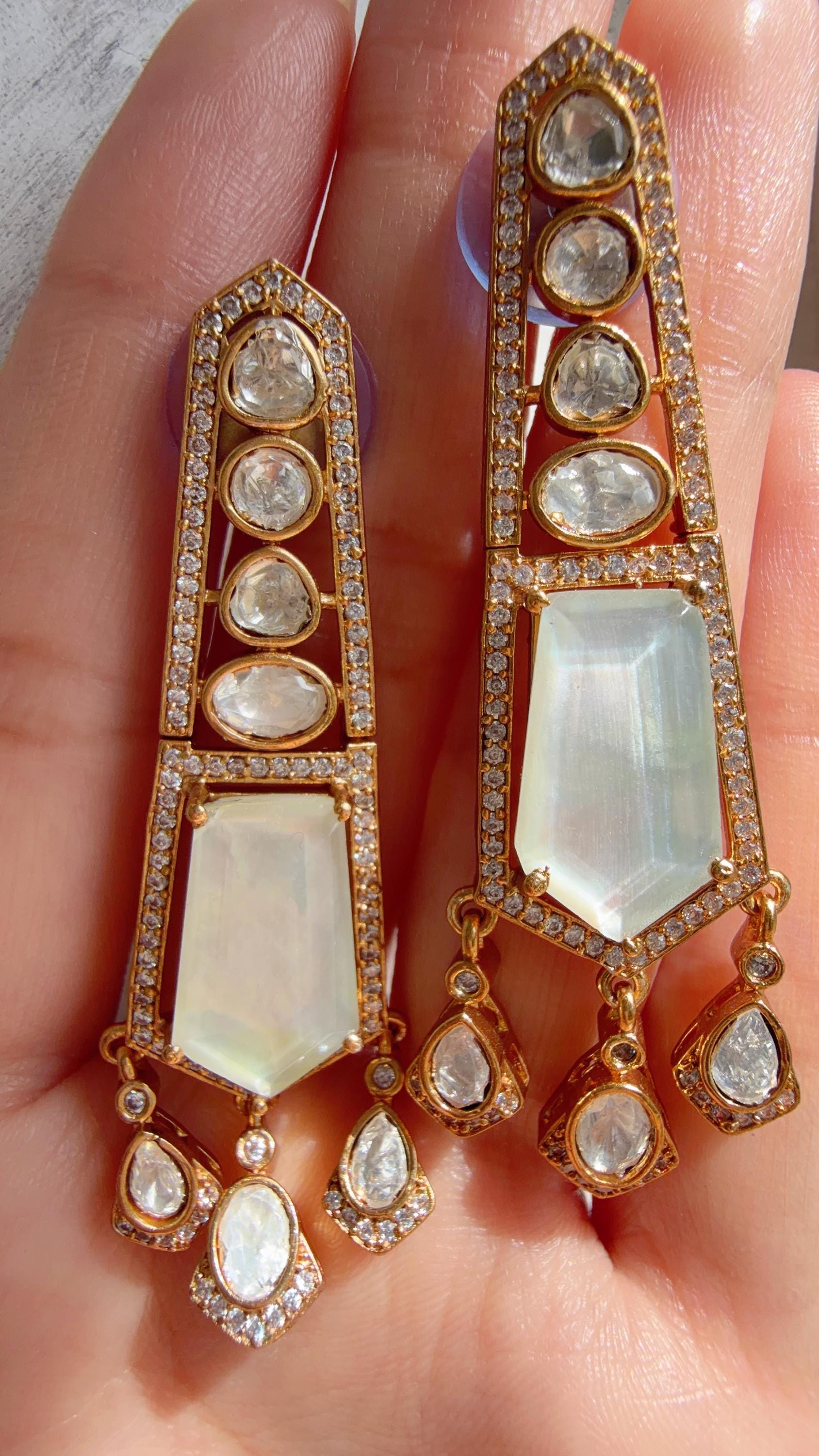 Moissanite Kundan Dangler Earrings /American Diamond Doublet Earrings/Statement Danglers/Bridal Chandelier Earrings/Navi