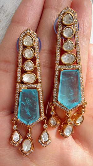 Moissanite Kundan Dangler Firoza Earrings /American Diamond Doublet Earrings/Statement Danglers/Bridal Chandelier Earrings/Navi