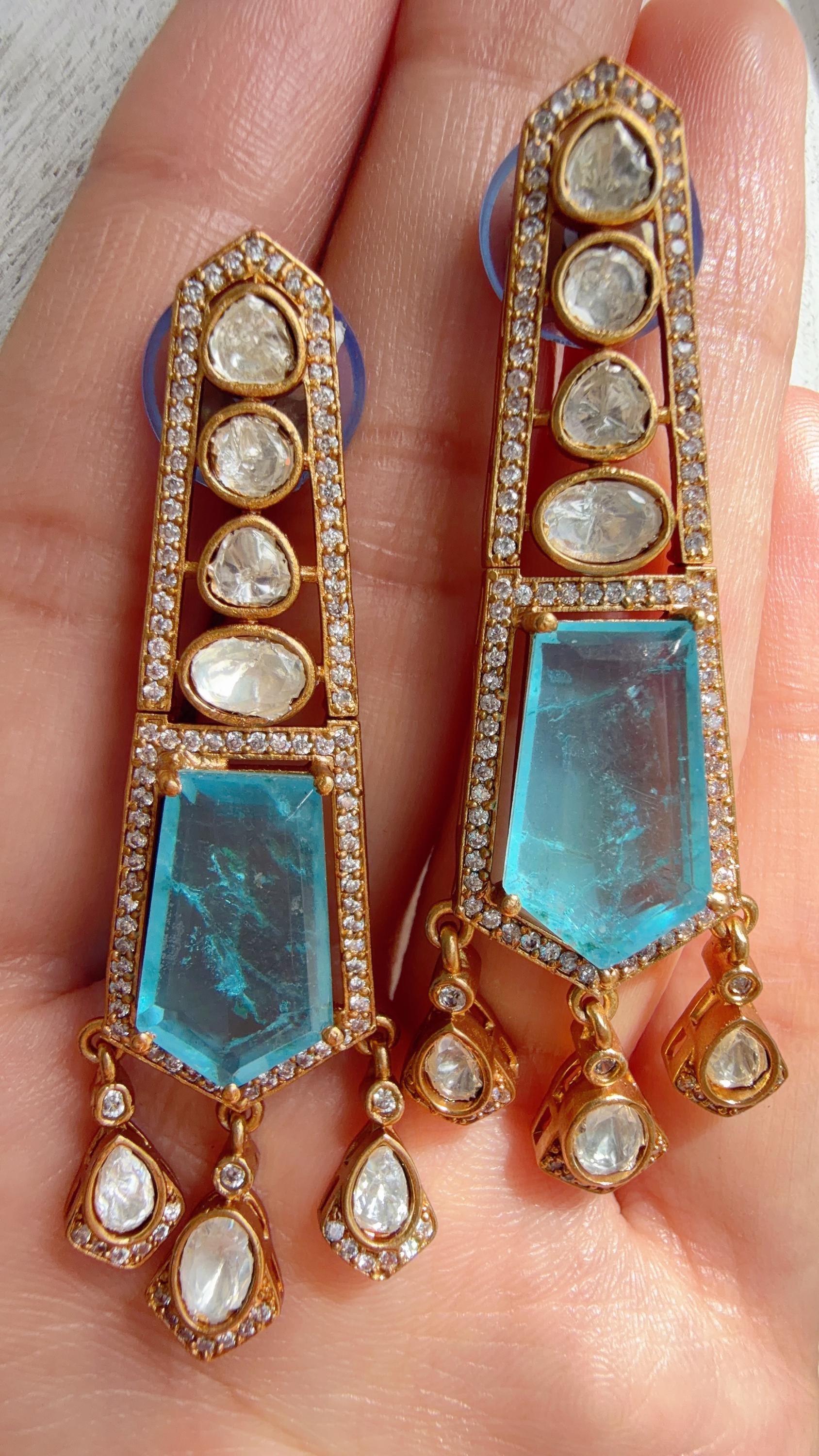 Moissanite Kundan Dangler Firoza Earrings /American Diamond Doublet Earrings/Statement Danglers/Bridal Chandelier Earrings/Navi