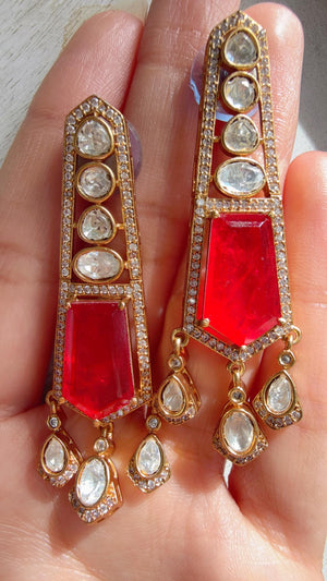 Moissanite Kundan Dangler Ruby Earrings /American Diamond Doublet Earrings/Statement Danglers/Bridal Chandelier Earrings/Navi