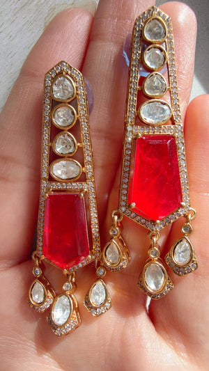 Moissanite Kundan Dangler Ruby Earrings /American Diamond Doublet Earrings/Statement Danglers/Bridal Chandelier Earrings/Navi