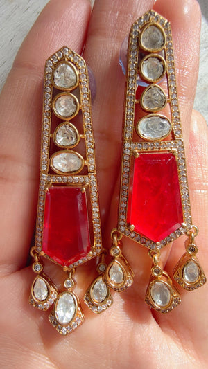Moissanite Kundan Dangler Ruby Earrings /American Diamond Doublet Earrings/Statement Danglers/Bridal Chandelier Earrings/Navi
