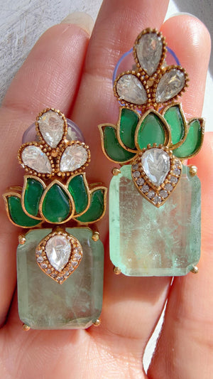 Lotus Diamond Doublet Dangler Mint Earrings/American Diamond Earrings/Statement Danglers/Bridal Chandelier Earrings/Aish
