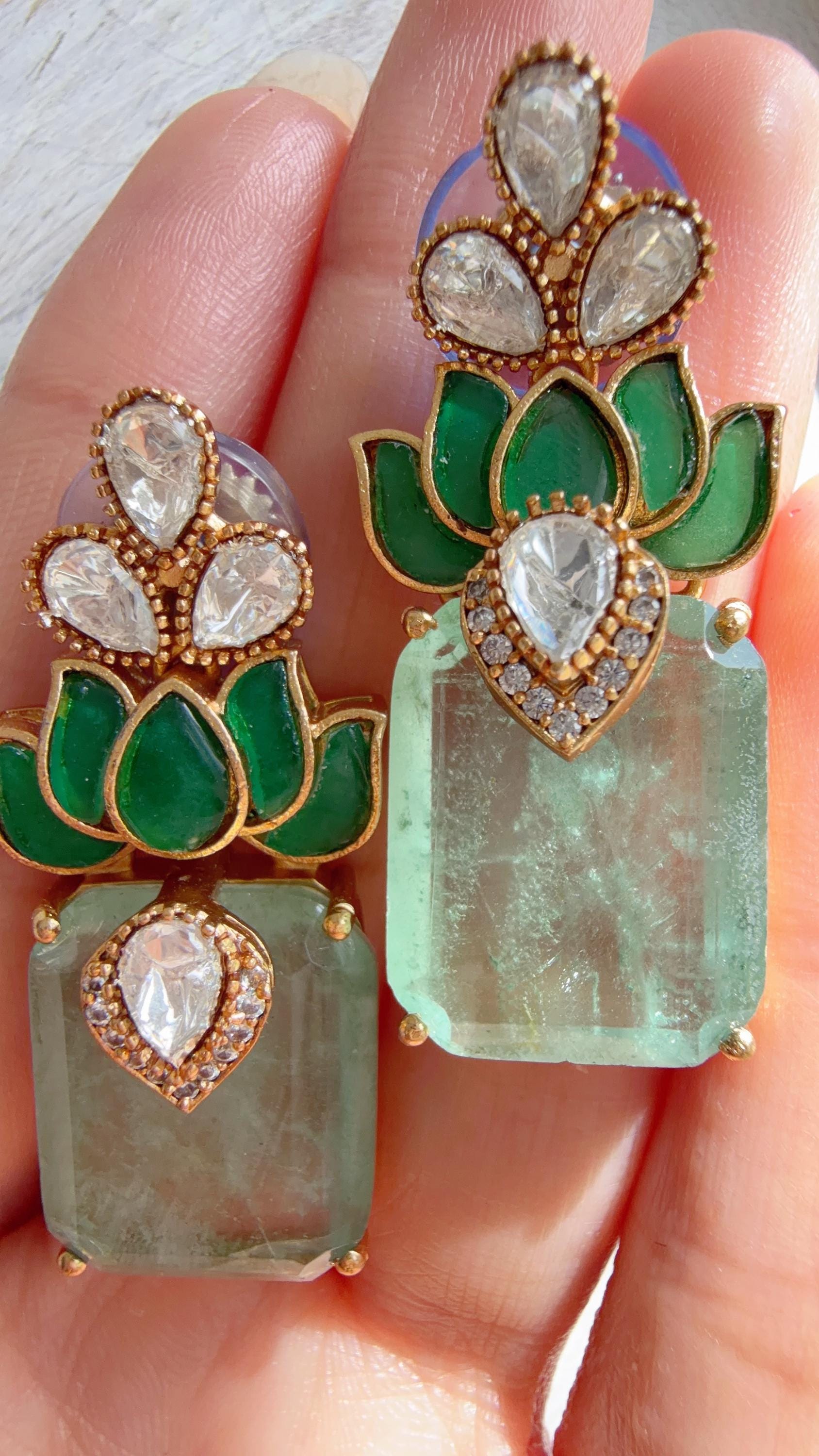 Lotus Diamond Doublet Dangler Mint Earrings/American Diamond Earrings/Statement Danglers/Bridal Chandelier Earrings/Aish