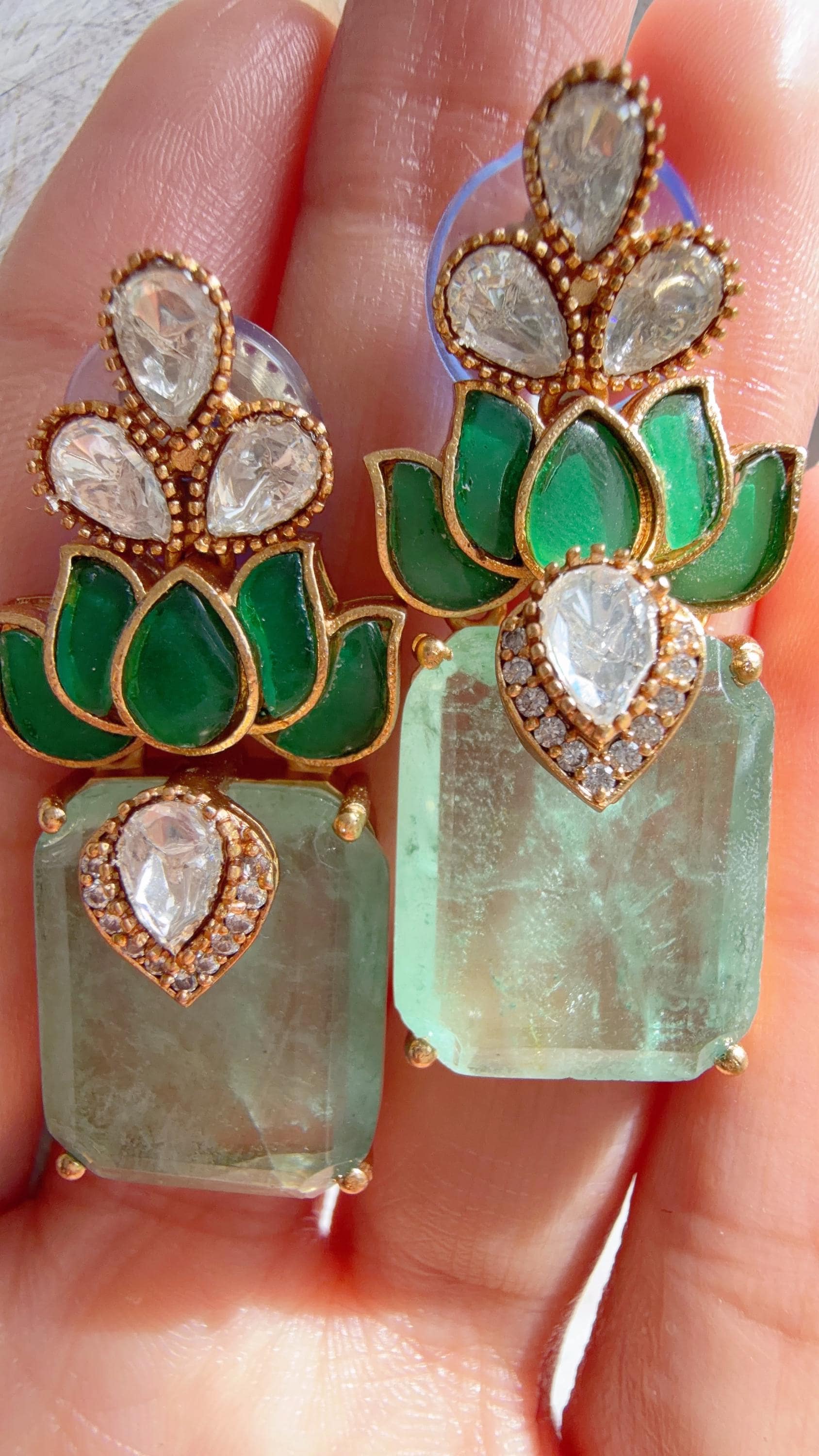 Lotus Diamond Doublet Dangler Mint Earrings/American Diamond Earrings/Statement Danglers/Bridal Chandelier Earrings/Aish