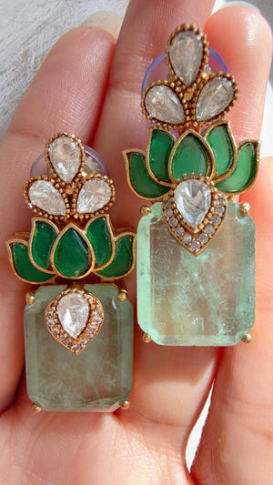 Lotus Diamond Doublet Dangler Mint Earrings/American Diamond Earrings/Statement Danglers/Bridal Chandelier Earrings/Aish