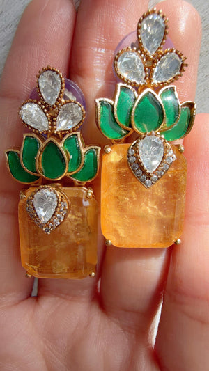 Lotus Diamond Doublet Dangler Yellow Earrings/American Diamond Earrings/Statement Danglers/Bridal Chandelier Earrings/Aish