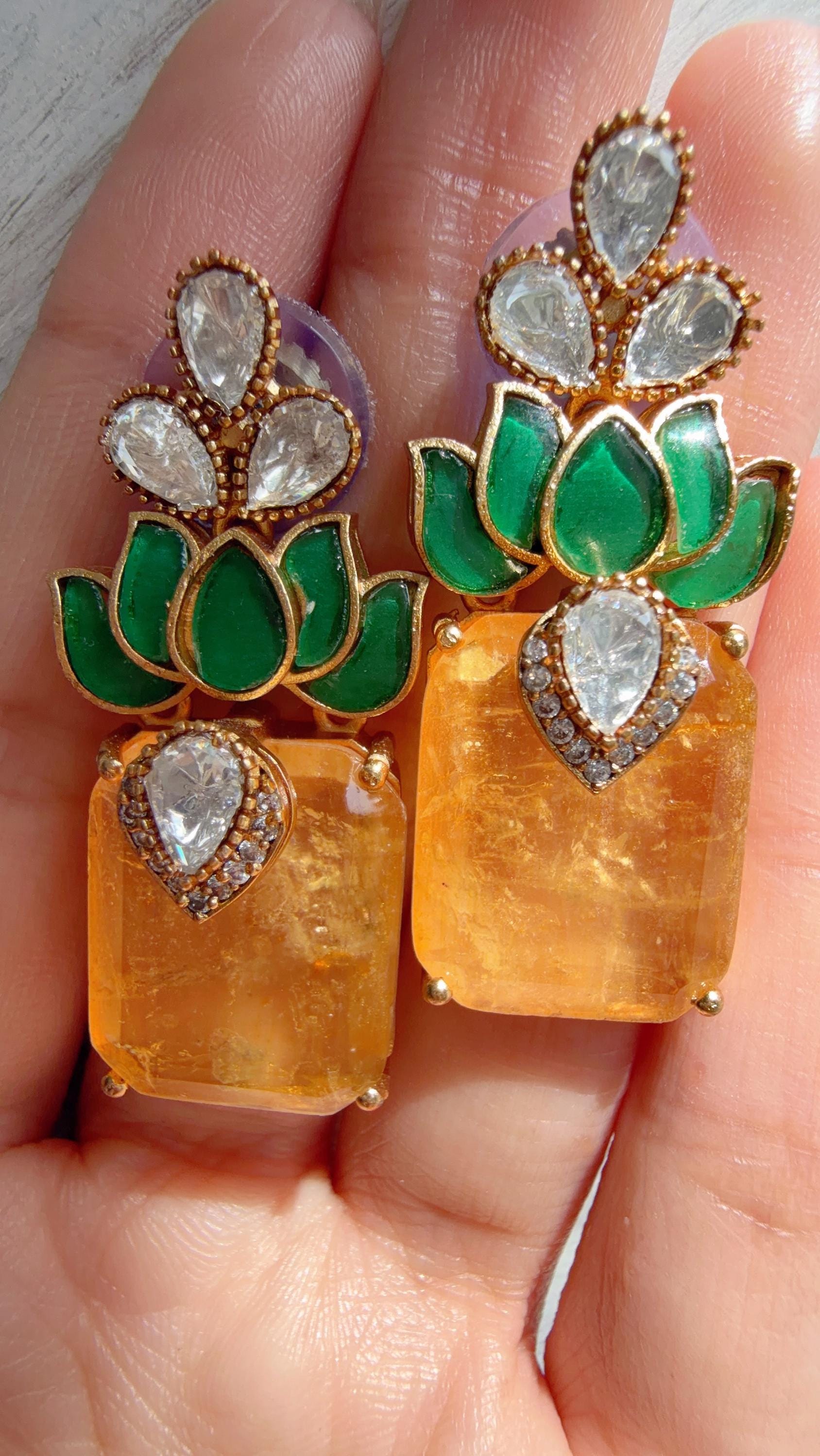 Lotus Diamond Doublet Dangler Yellow Earrings/American Diamond Earrings/Statement Danglers/Bridal Chandelier Earrings/Aish