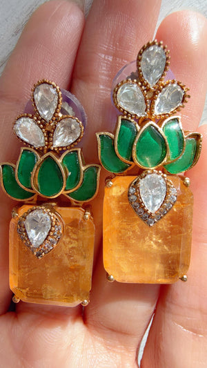 Lotus Diamond Doublet Dangler Yellow Earrings/American Diamond Earrings/Statement Danglers/Bridal Chandelier Earrings/Aish