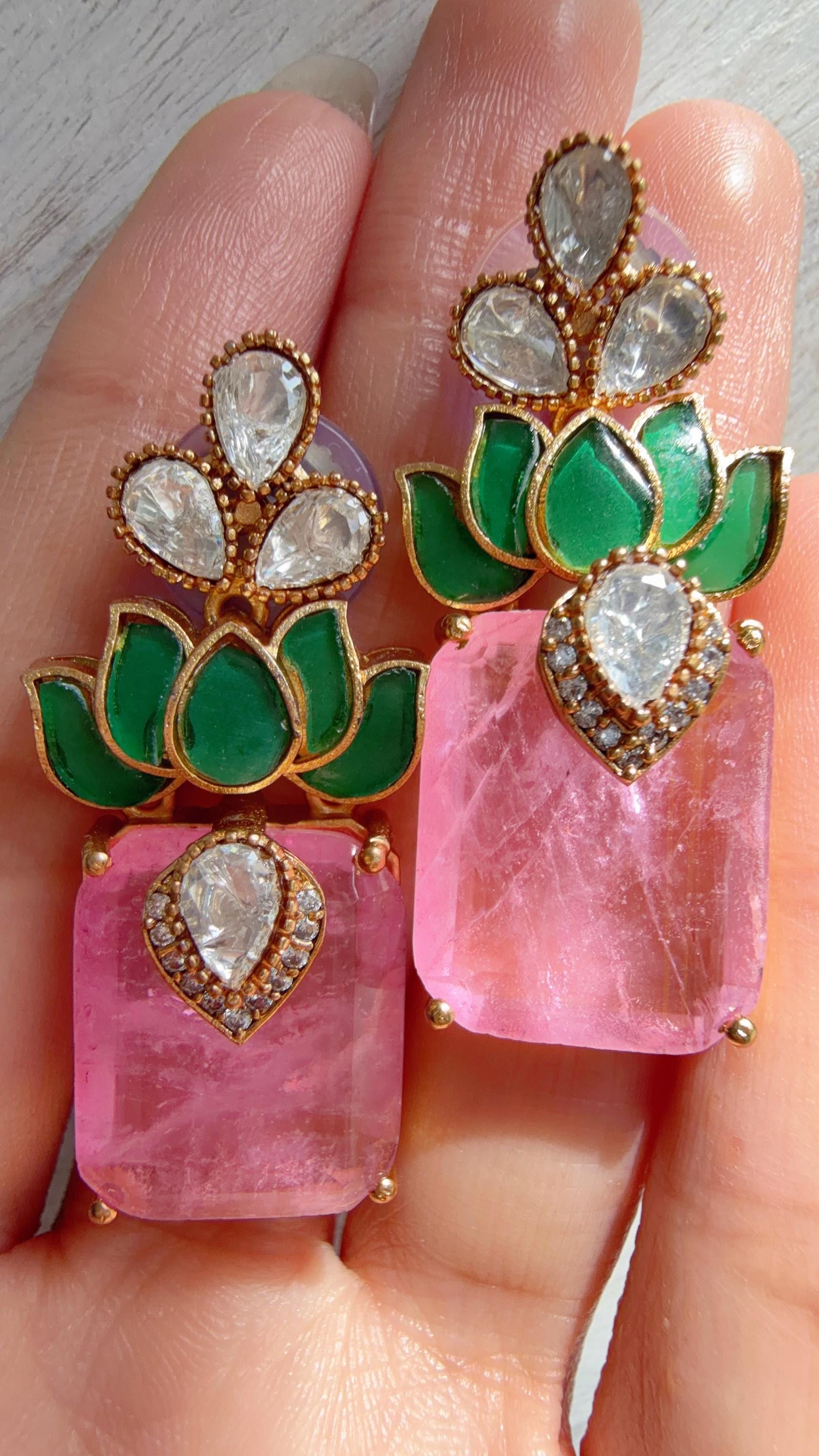 Lotus Diamond Doublet Dangler Pink Earrings/American Diamond Earrings/Statement Danglers/Bridal Chandelier Earrings/Aish