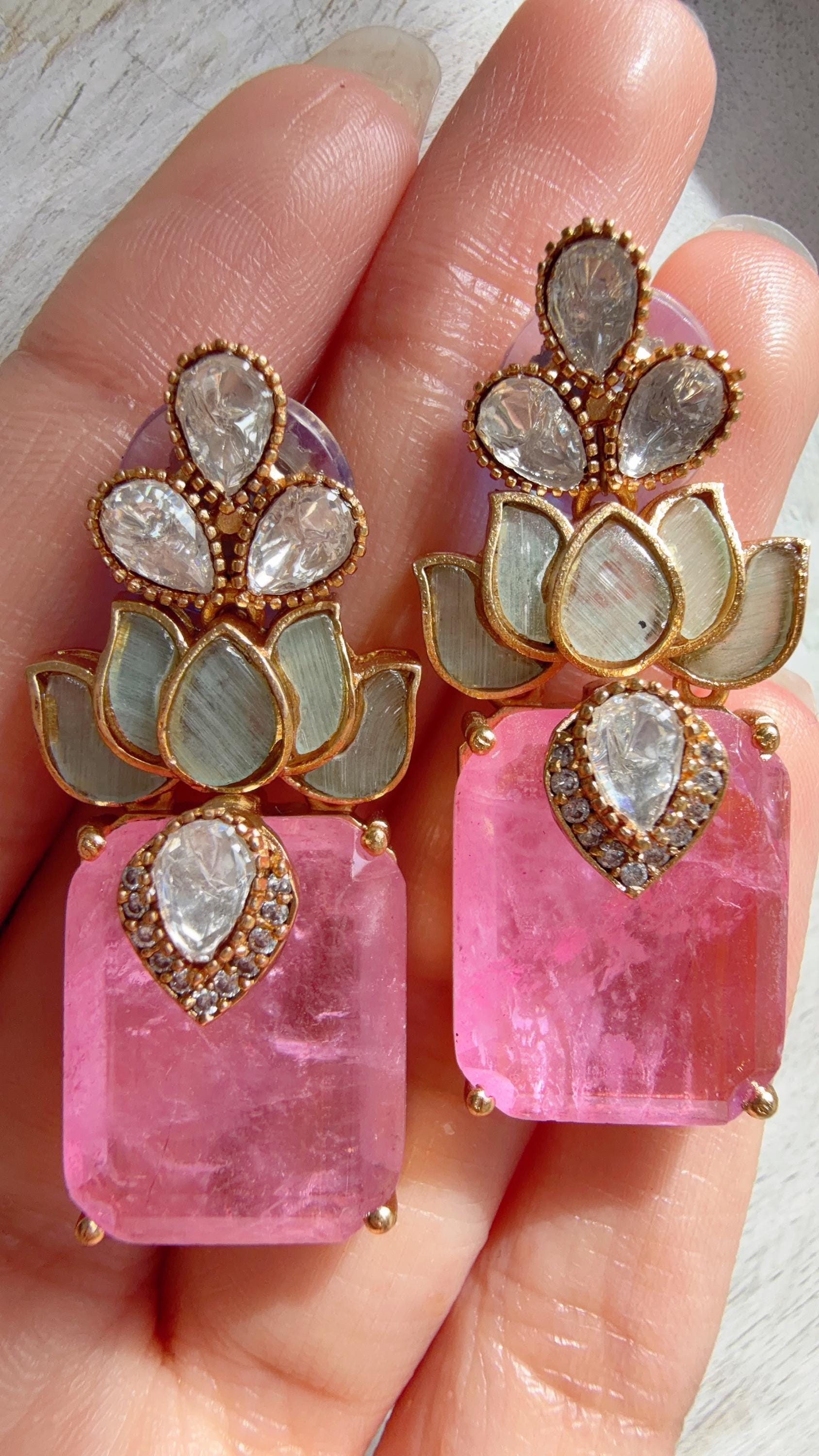 Lotus Diamond Doublet Dangler Pink Earrings/American Diamond Earrings/Statement Danglers/Bridal Chandelier Earrings/Aish