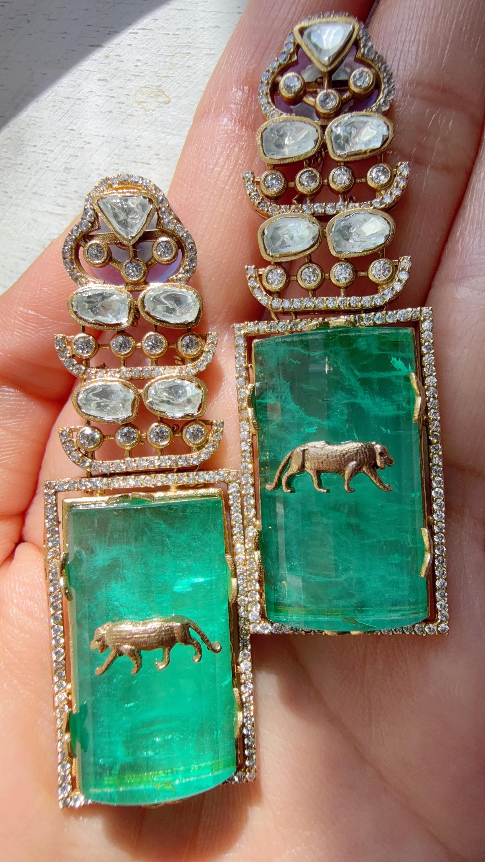 Moissanite Kundan Dangler Mint Earrings /American Diamond Doublet Leopard Earrings/Statement Danglers/Bridal Chandelier Earrings/Tanvi