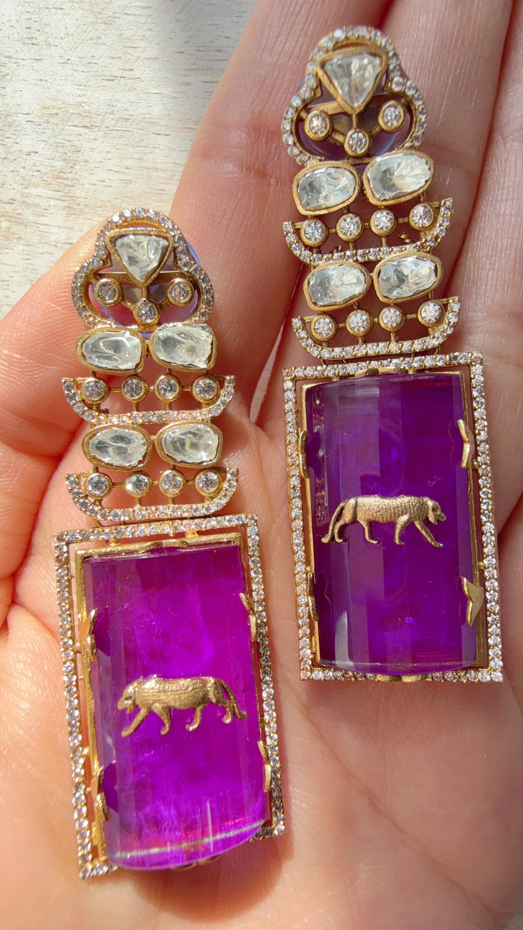 Moissanite Kundan Dangler Purple Earrings /American Diamond Doublet Leopard Earrings/Statement Danglers/Bridal Chandelier Earrings/Tanvi