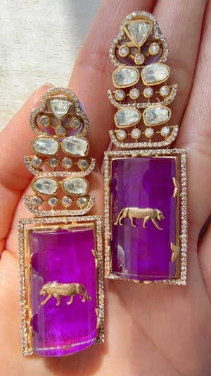 Moissanite Kundan Dangler Purple Earrings /American Diamond Doublet Leopard Earrings/Statement Danglers/Bridal Chandelier Earrings/Tanvi
