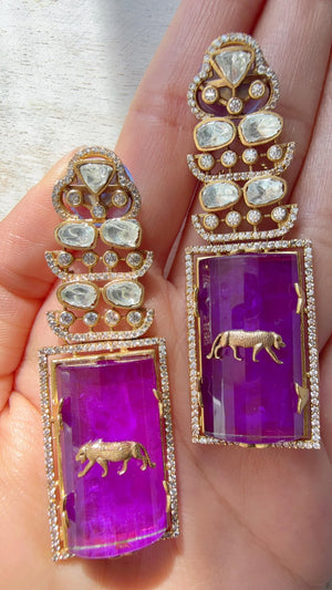 Moissanite Kundan Dangler Purple Earrings /American Diamond Doublet Leopard Earrings/Statement Danglers/Bridal Chandelier Earrings/Tanvi