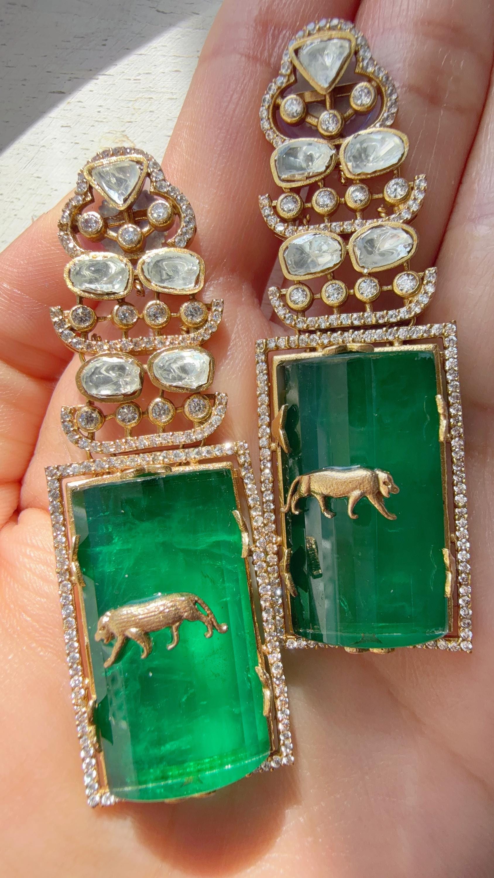 Moissanite Kundan Dangler Green Earrings /American Diamond Doublet Leopard Earrings/Statement Danglers/Bridal Chandelier Earrings/Tanvi