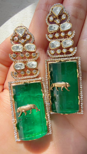 Moissanite Kundan Dangler Green Earrings /American Diamond Doublet Leopard Earrings/Statement Danglers/Bridal Chandelier Earrings/Tanvi