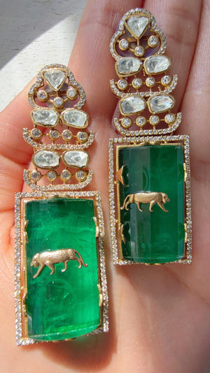Moissanite Kundan Dangler Green Earrings /American Diamond Doublet Leopard Earrings/Statement Danglers/Bridal Chandelier Earrings/Tanvi