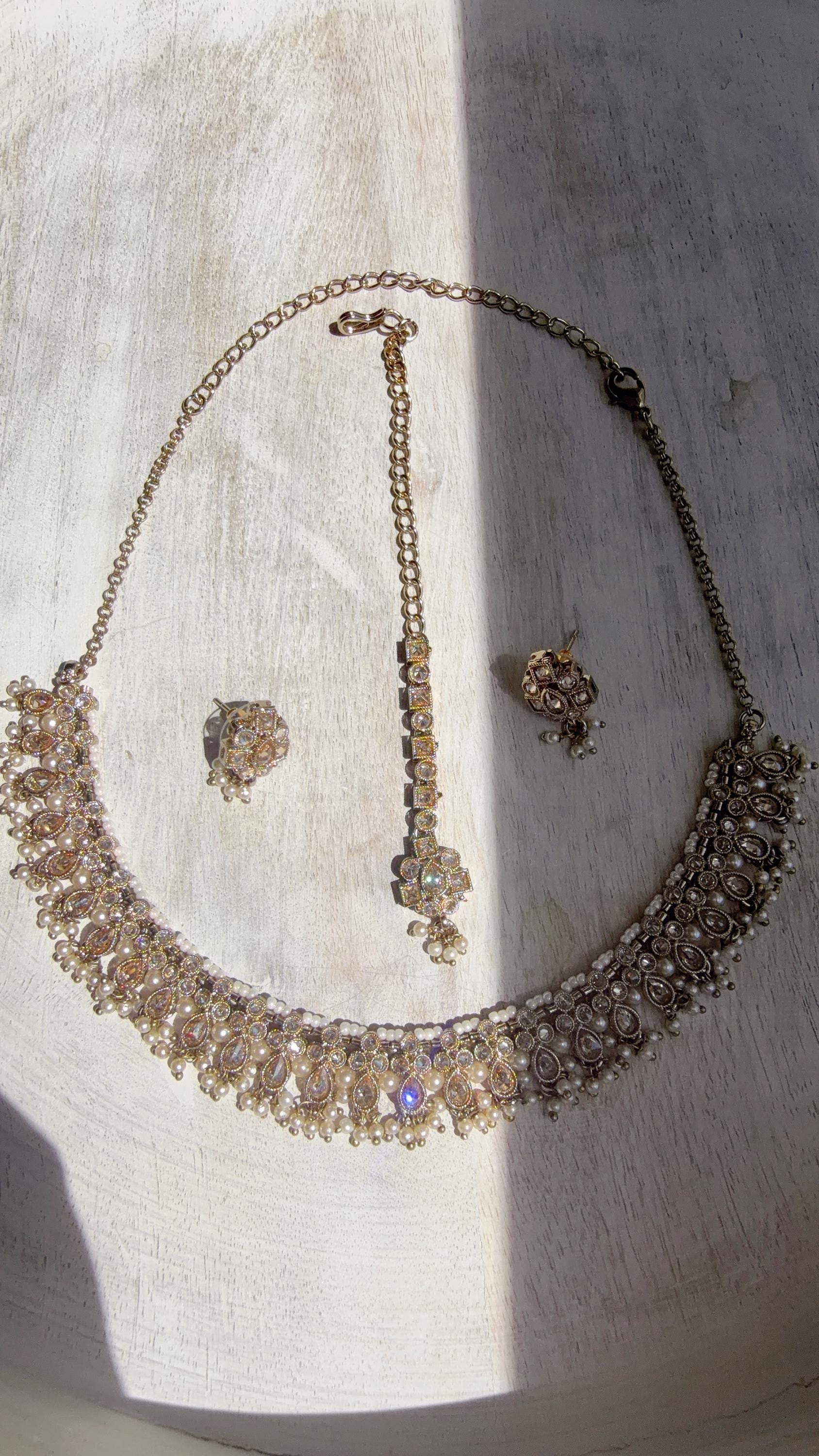 Petite look Antique Polki Kundan Mint pink Necklace Set with stud Earrings and Tikka | Indian Jewelry | Bridal Jewelry Kaur