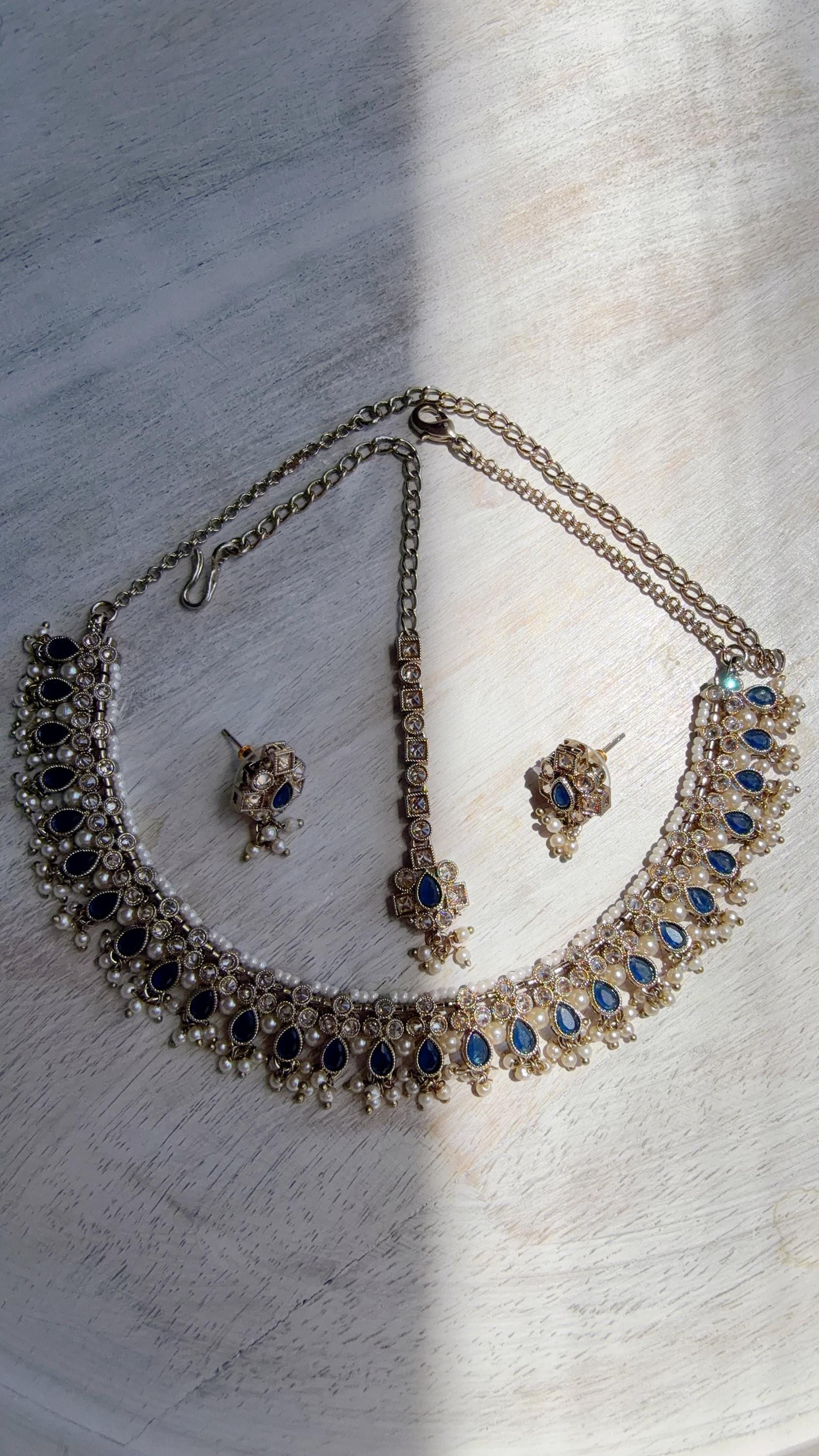 Petite look Antique Polki Kundan blue Necklace Set with stud Earrings and Tikka | Indian Jewelry | Bridal Jewelry Kaur