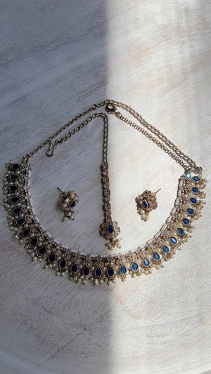 Petite look Antique Polki Kundan blue Necklace Set with stud Earrings and Tikka | Indian Jewelry | Bridal Jewelry Kaur