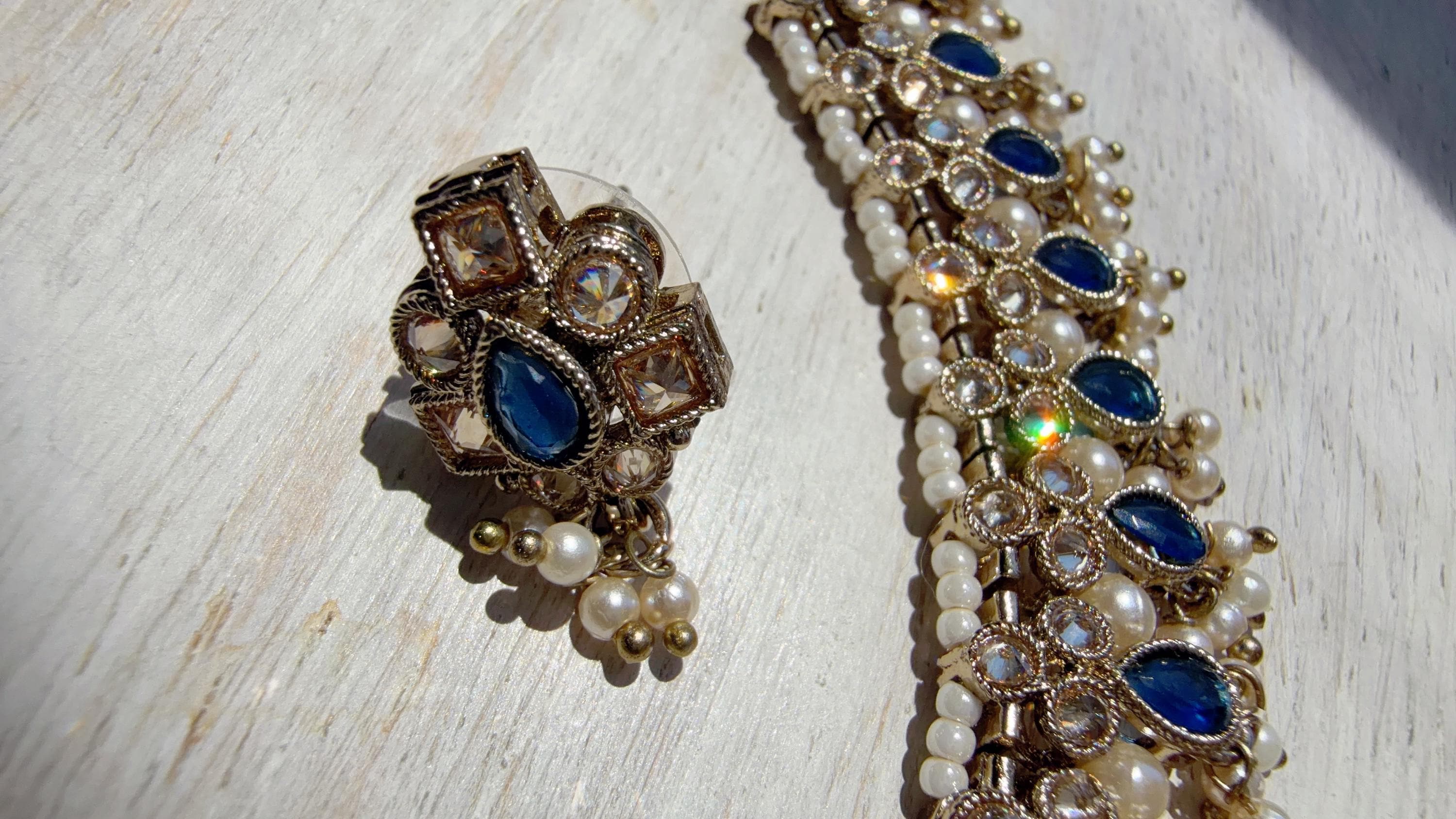 Petite look Antique Polki Kundan blue Necklace Set with stud Earrings and Tikka | Indian Jewelry | Bridal Jewelry Kaur